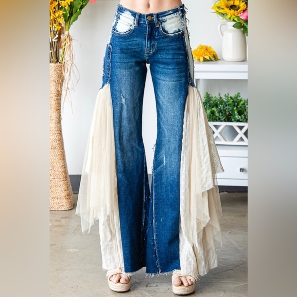 COPY - COPY - Wide Leg Lace Flare Jeans - Picture 1 of 4